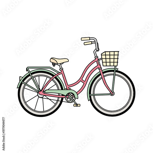 Retro pink cruiser bicycle with front basket, perfect for leisure rides.