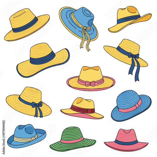Colorful illustrated collection of various sun hats with ribbons and bands