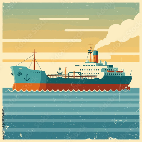Vintage tanker ship sailing on blue striped water with smoky exhaust