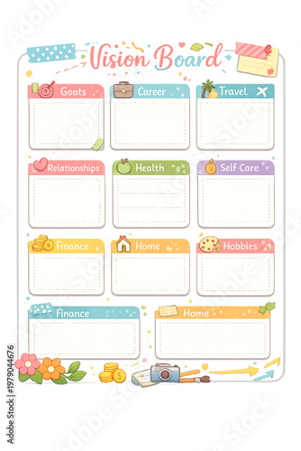 vision board colorful sections, segmented vision board, colorful goal board, vision board layout template, multi section vision board, goal setting collage, inspiration board design, dream life planne