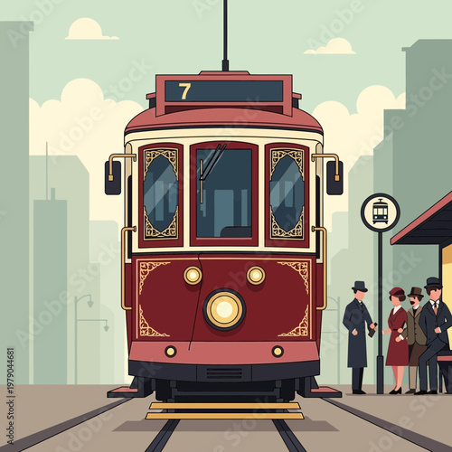 Vintage tram arriving at station with people in 1920s attire