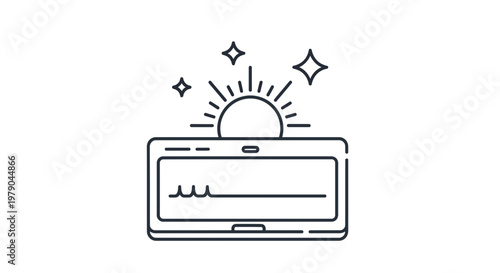 Sunrise Over Laptop Screen with Heartbeat Line - Digital Health and Wellness Concept
