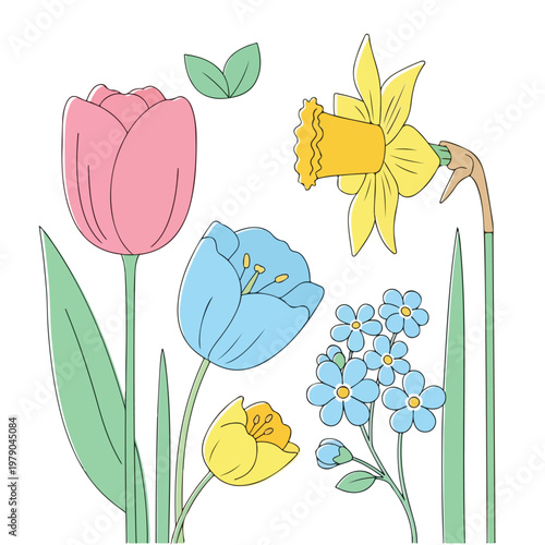 Colorful illustrated flowers, including tulip, daffodil, and forget-me-nots