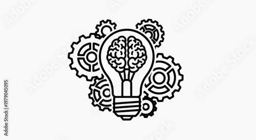 Innovative idea concept represented by a lightbulb with a brain inside and surrounding gears, symbolizing intelligence and mechanical function