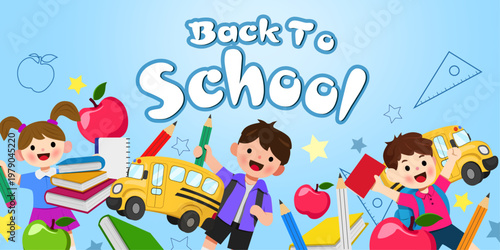 back to school vector illustration background design.happy kids character and school education accessories decorative abstract element.kids hand drawn style modern and creative art.