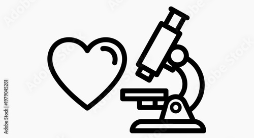 Heart health research and analysis using a microscope icon for medical science and biotechnology