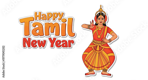 Vibrant vector illustration celebrating the Tamil New Year, showcasing a traditional dancer in a classical pose against a clean white background, radiating a festive and culturally rich