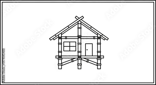 Simple Bamboo Hut on Stilts, Traditional Tropical House Design, Line Art Illustration
