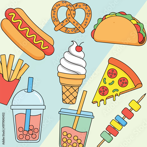 Colorful illustrated food items hot dog, pizza, taco, ice cream, drinks, & skewer