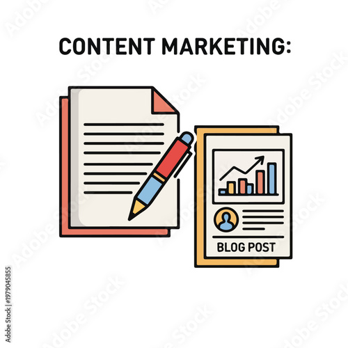 Colorful illustrated graphic about content creation, marketing, and blog posts