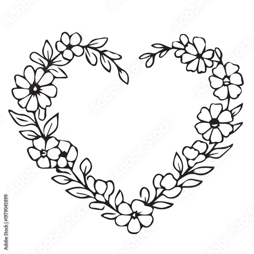A minimalist vector illustration of a heart shaped frame with floral and leaf elements, designed with gentle forms and simple lines to express romance and natural beauty.