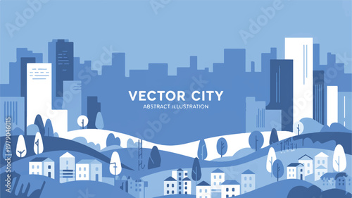 A modern cityscape illustration depicts buildings and homes on rolling hills