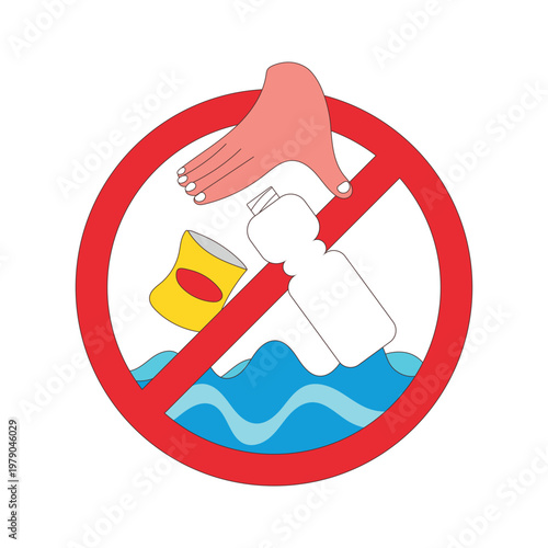 Forbidden sign to stop littering in rivers and oceans. Flat vector illustration for water pollution awareness, global environmental health, and earth protection responsibility.
