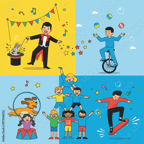 Colorful illustrated image depicting circus performers and acts