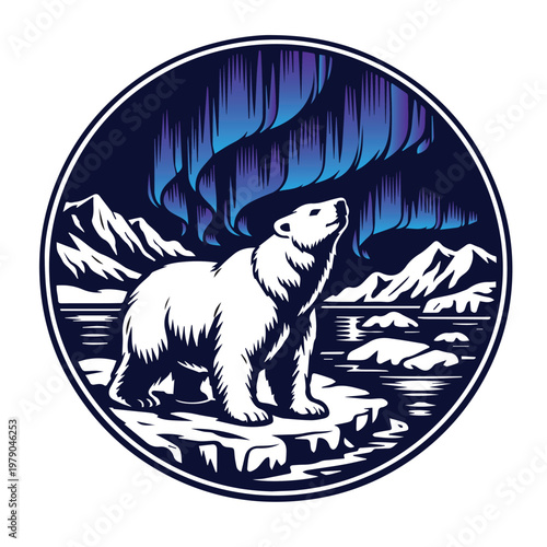 A vector illustration of a polar bear with a stunning aurora borealis night sky in the background, featuring soft colors and a calm scene that captures Arctic beauty.