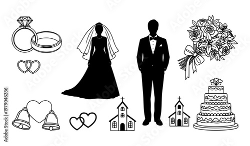 Wedding icons black and white vector set with rings bride groom and marriage symbols