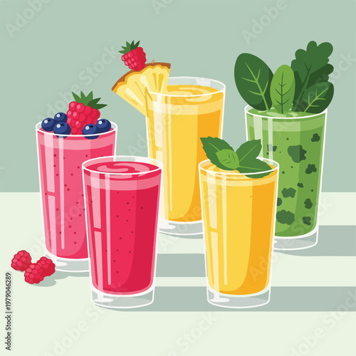 Colorful illustrated image of smoothies with fruit and greenery in glasses