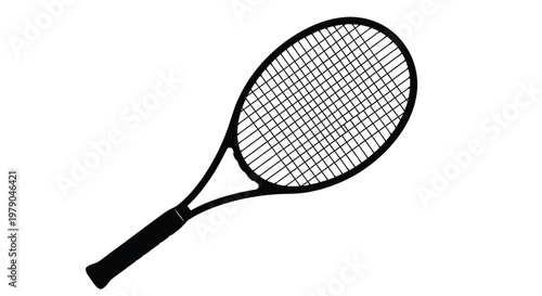 A black tennis racket is shown against a white background.