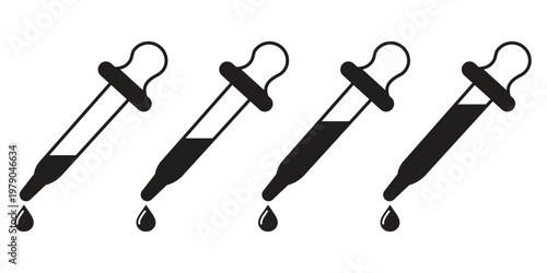 Four Dropper Bottles Icon – Black Silhouette Bold Vector Illustration