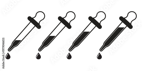 Four Dropper Bottles Icon – Black Silhouette Bold Vector Illustration