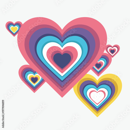 Colorful, layered hearts, floating on white background