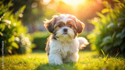 A realistic photo of Adorable shih tzu puppy with fluffy coat playing in the garden