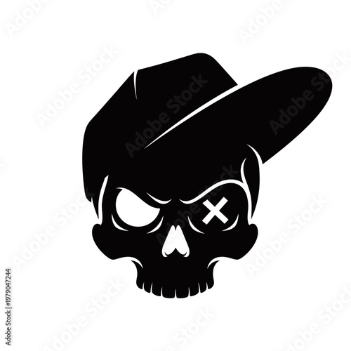 A black silhouette of a skull wearing a backward baseball cap, with an 'X' over one eye socket.