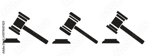Judge gavel vector icon set featuring outline and silhouette styles for law justice and auction concepts 
