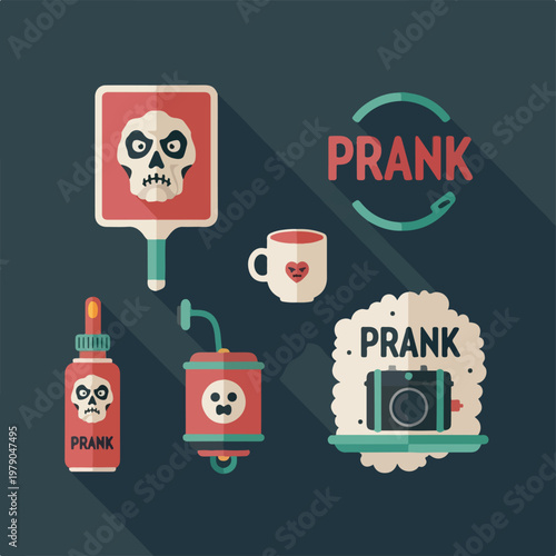 Flat illustration of spooky prank objects, signs, and containers