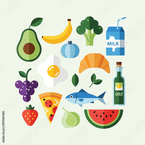 Flat illustration of various food items, showcasing a healthy meal