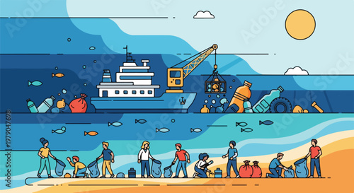 Illustration of a ship and people cleaning up ocean pollution