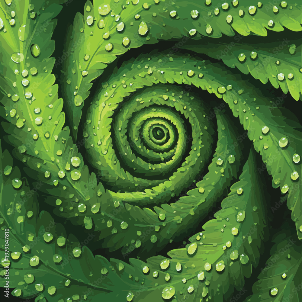 Obraz premium A vibrant spiral of green leaves adorned with water droplets, showcasing nature's intricate patterns and freshness.