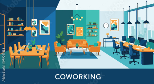 Illustration of a shared workspace with various areas and design