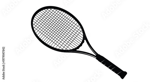 A black tennis racket is isolated on a white background, ready for play.