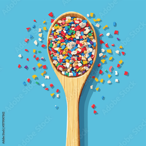 A wooden spoon filled with colorful sprinkles against a vibrant blue background, perfect for dessert themes.