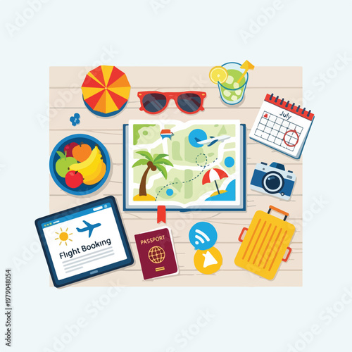 Flat lay illustration showcasing travel essentials