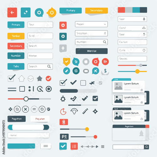 Flat UI design elements, comprising various buttons, icons, and input fields