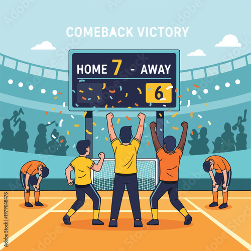 Illustration of a soccer game with team celebration after score on scoreboard