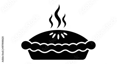 Simple black and white icon of a hot pie with rising steam culinary delight