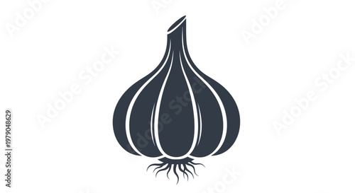 Stylized dark blue garlic bulb icon with roots minimalist design for culinary or health themes