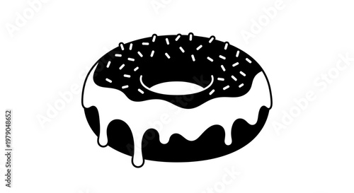 A delectable black and white illustration of a dripping glazed donut with colorful sprinkles