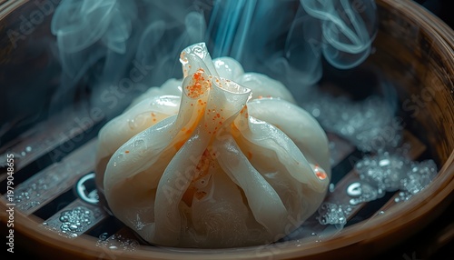Extreme macro of steaming Har Gow shrimp dumpling in bamboo basket, traditional Chinese Dim Sum with vapor.