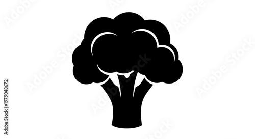 Simple black and white illustration of a broccoli floret on a white background