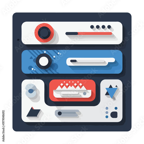 Flat UI design for an audio or video interface with dials, sliders, and controls