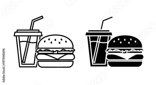 Black and white fast food combo burgers fries and refreshing drinks illustrated