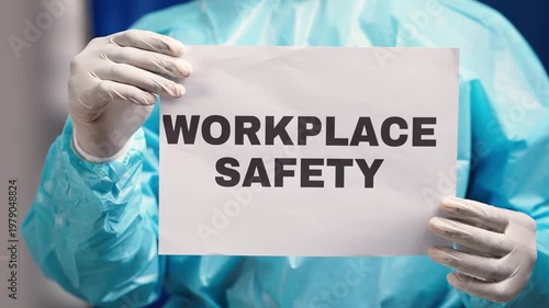 Medical professional in protective gear displaying a sign about workplace safety