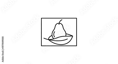 Minimalist Pear Icon on Leaf in Square Frame, Simple Line Art Fruit Symbol
