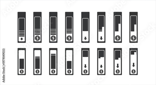 Collection of black and white elevator buttons depicting floors and downward arrows