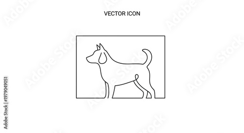 Minimalist single line drawing of a dog standing inside a rectangle frame, vector icon