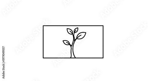 Minimalist Single Line Drawing of a Sprouting Plant in a Rectangle Frame